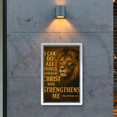 The words 'I can do all things through Christ who strengthens me Philippians 413' with the face of a majestic looking lion inspirational art poster 2
