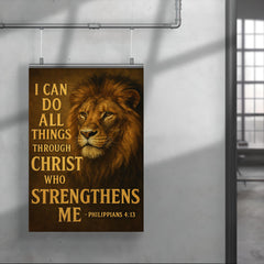 The words 'I can do all things through Christ who strengthens me Philippians 413' with the face of a majestic looking lion inspirational art poster 4