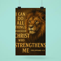 The words 'I can do all things through Christ who strengthens me Philippians 413' with the face of a majestic looking lion inspirational art poster 6