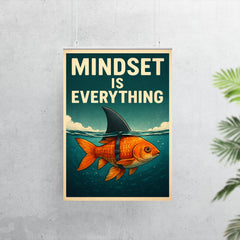 The words 'Mindset is everything' with an image of a goldfish with a shark fin strapped to its back so from above the water it looks like a shark but below the water you can see it's a goldfish poster 7