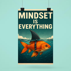 The words 'Mindset is everything' with an image of a goldfish with a shark fin strapped to its back so from above the water it looks like a shark but below the water you can see it's a goldfish poster 6