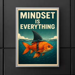 The words 'Mindset is everything' with an image of a goldfish with a shark fin strapped to its back so from above the water it looks like a shark but below the water you can see it's a goldfish poster 5