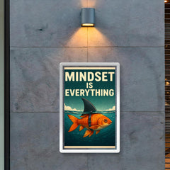 The words 'Mindset is everything' with an image of a goldfish with a shark fin strapped to its back so from above the water it looks like a shark but below the water you can see it's a goldfish poster 2