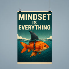 The words 'Mindset is everything' with an image of a goldfish with a shark fin strapped to its back so from above the water it looks like a shark but below the water you can see it's a goldfish poster 9