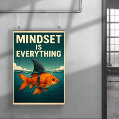 The words 'Mindset is everything' with an image of a goldfish with a shark fin strapped to its back so from above the water it looks like a shark but below the water you can see it's a goldfish poster 4
