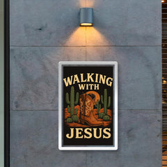 The words 'Walking with Jesus' with a cowgirl aesthetic inspired design of desert cacti and cowgirl boots poster 2