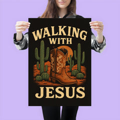 The words 'Walking with Jesus' with a cowgirl aesthetic inspired design of desert cacti and cowgirl boots poster 3