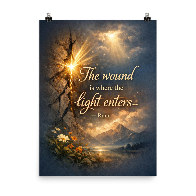 The wound is where the light enters Rumi poster on a plain backdrop in size 8