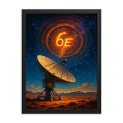 The Wow signal over radio telescope desert framed print on a plain backdrop in size 18"x24".