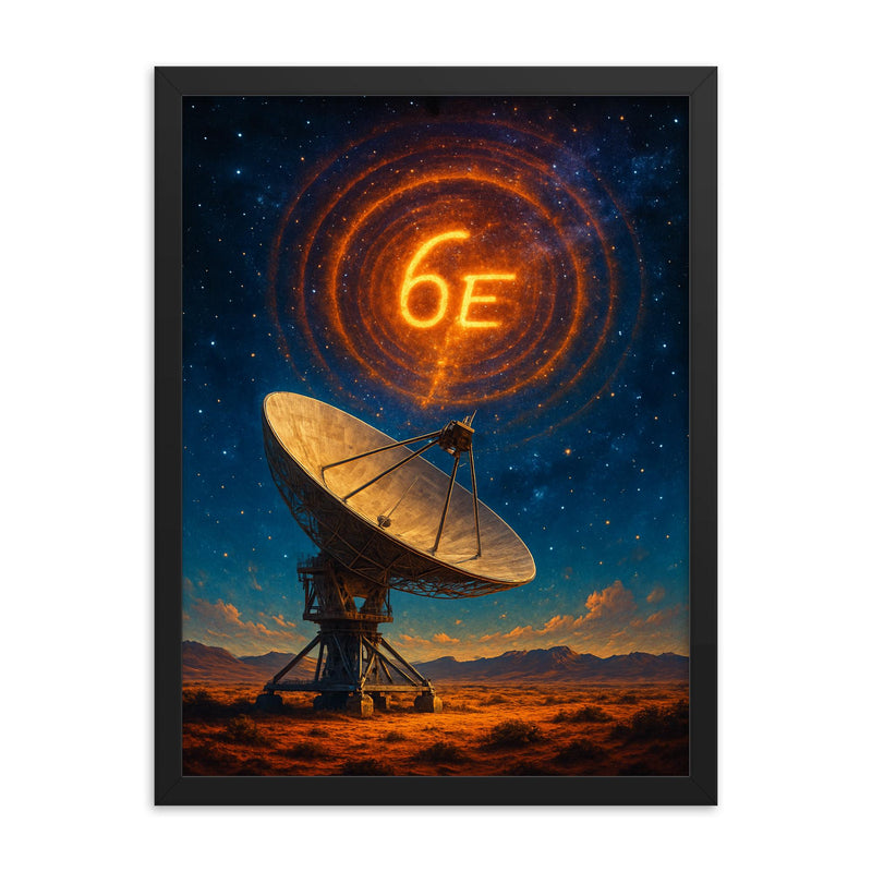 The Wow signal over radio telescope desert framed print on a plain backdrop in size 18