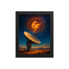The Wow signal over radio telescope desert framed print on a plain backdrop in size 8"x10".