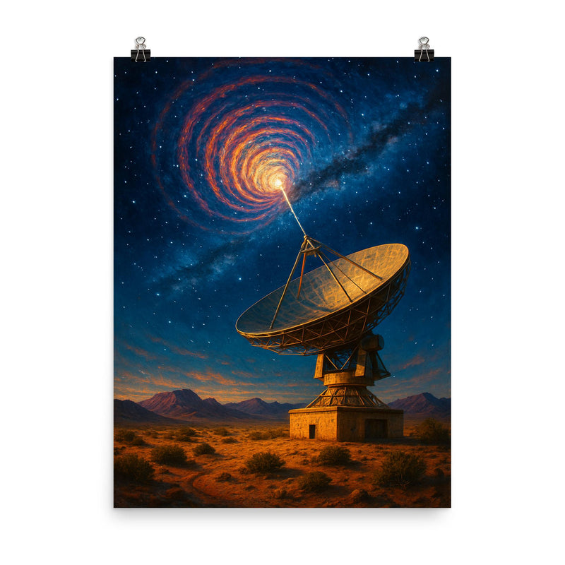 The wow signal radio burst over desert observatory poster on a plain backdrop in size 8