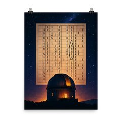 The Wow signal radio printout over glowing observatory poster on a plain backdrop in size 8"x10".