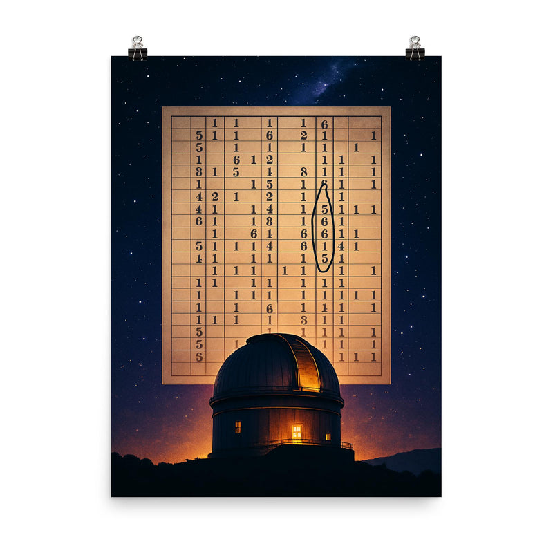 The Wow signal radio printout over glowing observatory poster on a plain backdrop in size 8
