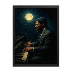 Thelonious Monk alone at midnight piano framed print on a plain backdrop in size 18"x24".