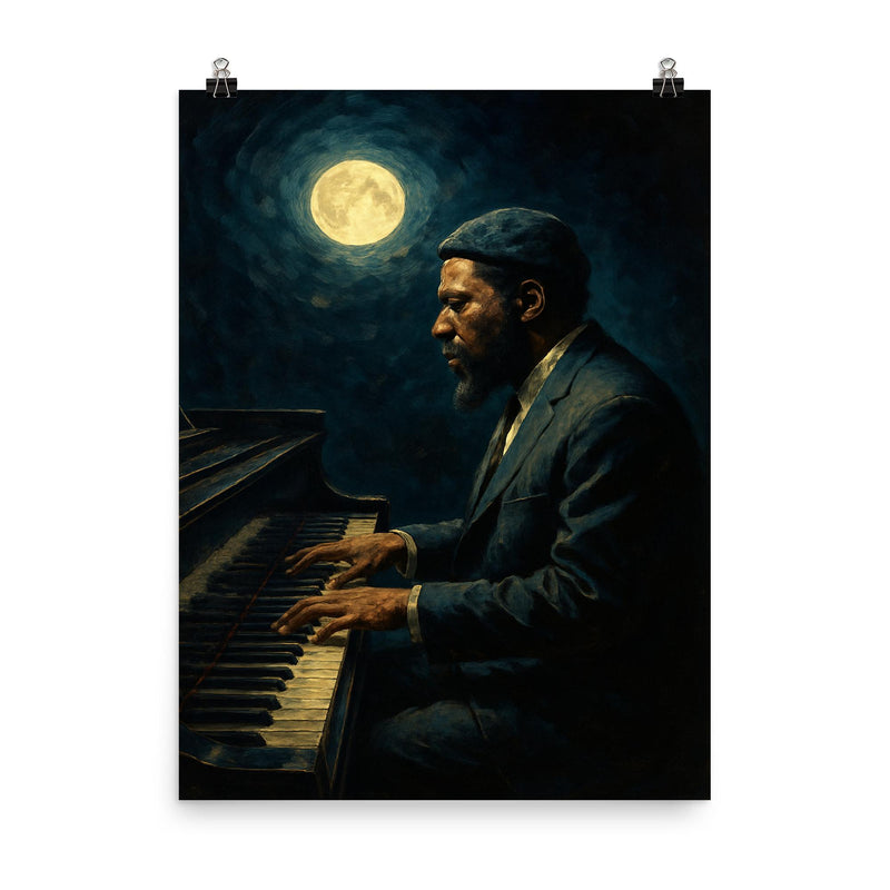 Thelonious Monk alone at midnight piano poster on a plain backdrop in size 8