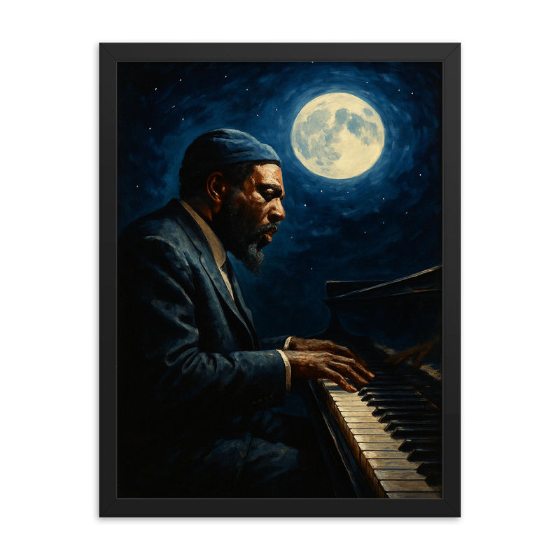 Thelonious Monk at midnight piano framed print on a plain backdrop in size 18