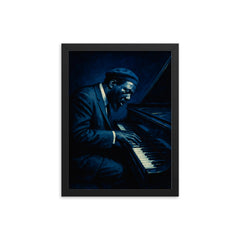Thelonious Monk at tilted piano midnight blue framed print on a plain backdrop in size 12"x16".