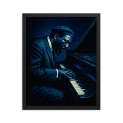 Thelonious Monk at tilted piano midnight blue framed print on a plain backdrop in size 16"x20".