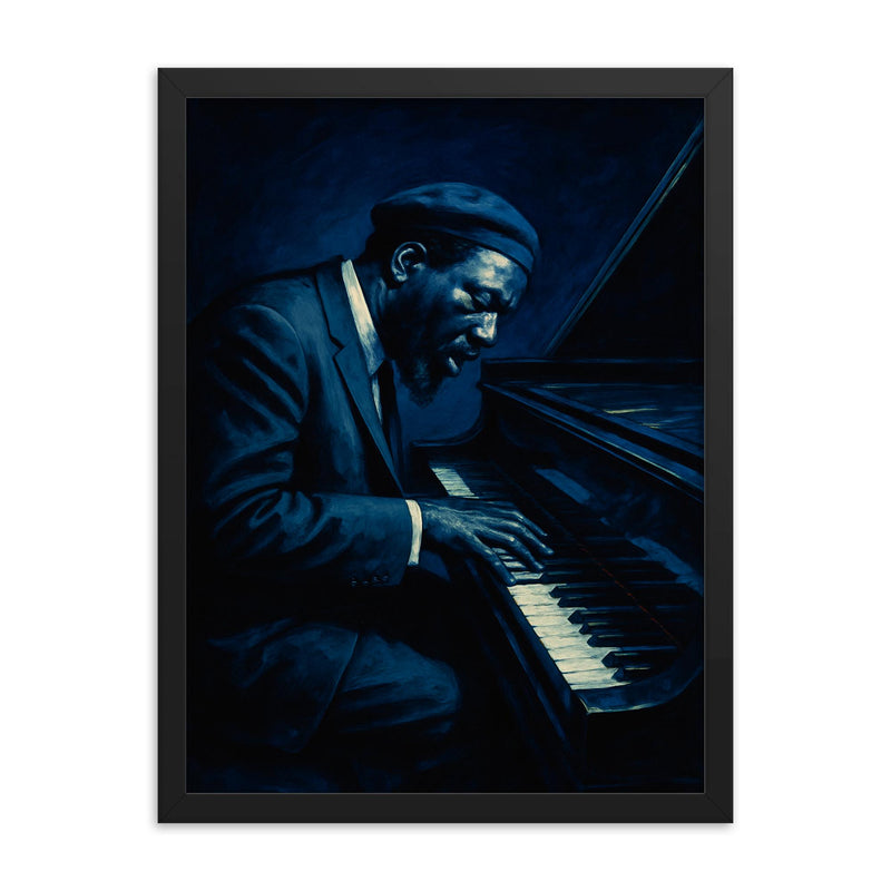 Thelonious Monk at tilted piano midnight blue framed print on a plain backdrop in size 18