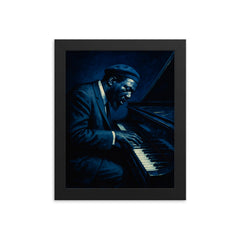 Thelonious Monk at tilted piano midnight blue framed print on a plain backdrop in size 8"x10".