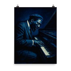 Thelonious Monk at tilted piano midnight blue poster on a plain backdrop in size 8"x10".