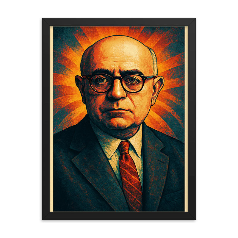 Theodor W Adorno framed print on a plain backdrop in size 18