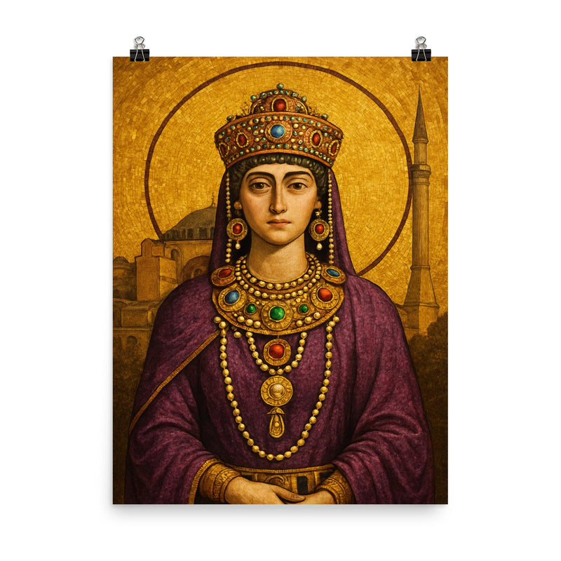 Theodora in imperial purple and Hagia Sophia gold poster on a plain backdrop in size 8