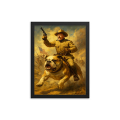 Theodore Roosevelt charging San Juan Hill mounted on a fearless bulldog framed print on a plain backdrop in size 12"x16".