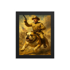 Theodore Roosevelt charging San Juan Hill mounted on a fearless bulldog framed print on a plain backdrop in size 8"x10".
