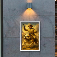 Theodore Roosevelt charging San Juan Hill mounted on a fearless bulldog poster 2