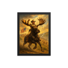 Theodore Roosevelt charging San Juan Hill mounted on a fearless moose framed print on a plain backdrop in size 12"x16".