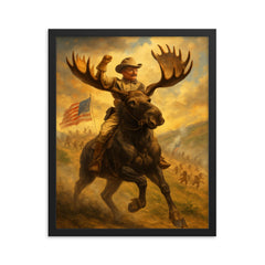Theodore Roosevelt charging San Juan Hill mounted on a fearless moose framed print on a plain backdrop in size 16"x20".