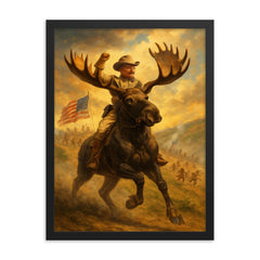 Theodore Roosevelt charging San Juan Hill mounted on a fearless moose framed print on a plain backdrop in size 18"x24".