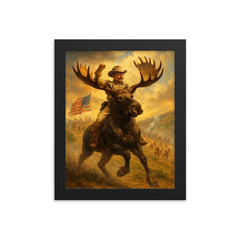 Theodore Roosevelt charging San Juan Hill mounted on a fearless moose framed print on a plain backdrop in size 8"x10".