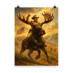 Theodore Roosevelt charging San Juan Hill mounted on a fearless moose poster on a plain backdrop in size 8"x10".