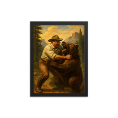 Theodore Roosevelt wrestling a grizzly bear in a national park framed print on a plain backdrop in size 12"x16".