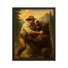 Theodore Roosevelt wrestling a grizzly bear in a national park framed print on a plain backdrop in size 16"x20".