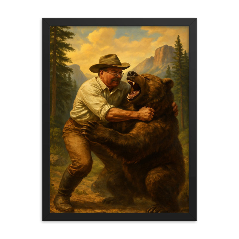 Theodore Roosevelt wrestling a grizzly bear in a national park framed print on a plain backdrop in size 18
