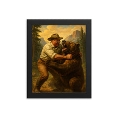 Theodore Roosevelt wrestling a grizzly bear in a national park framed print on a plain backdrop in size 8"x10".