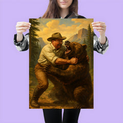 Theodore Roosevelt wrestling a grizzly bear in a national park poster 3