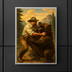 Theodore Roosevelt wrestling a grizzly bear in a national park poster 5