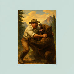 Theodore Roosevelt wrestling a grizzly bear in a national park poster 8