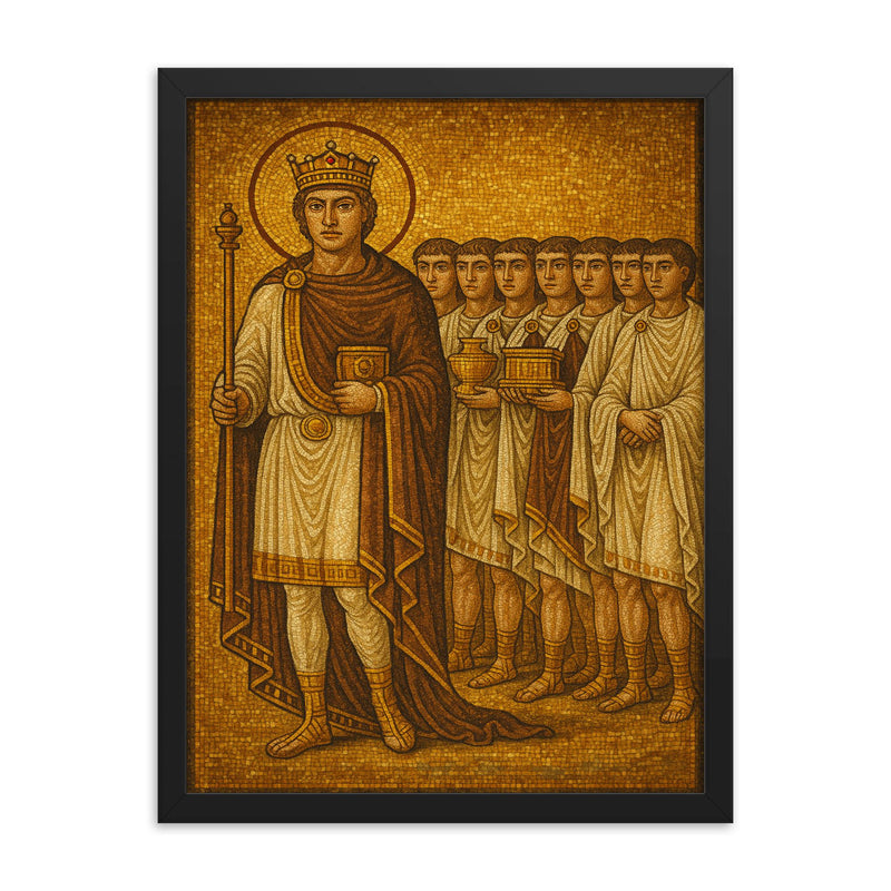 Theodoric mosaic ravenna court procession framed print on a plain backdrop in size 18