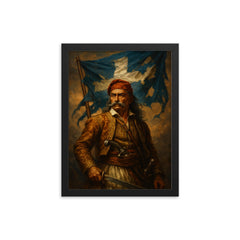 Theodoros Kolokotronis beneath torn revolutionary banner framed print on a plain backdrop in size 12"x16".