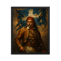 Theodoros Kolokotronis beneath torn revolutionary banner framed print on a plain backdrop in size 16"x20".