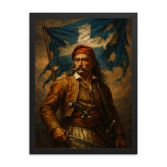 Theodoros Kolokotronis beneath torn revolutionary banner framed print on a plain backdrop in size 18"x24".