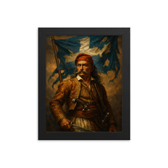 Theodoros Kolokotronis beneath torn revolutionary banner framed print on a plain backdrop in size 8"x10".