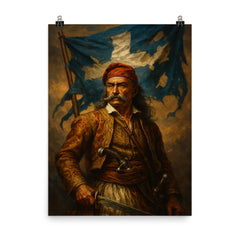 Theodoros Kolokotronis beneath torn revolutionary banner poster on a plain backdrop in size 8"x10".