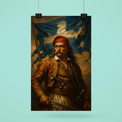 Theodoros Kolokotronis beneath torn revolutionary banner poster 6